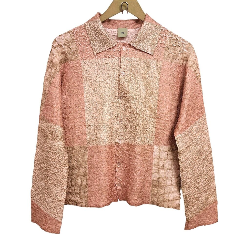 ITSU Women Reversible Crinkle Shirt Pink Button Up Size Petite PM Long Sleeve